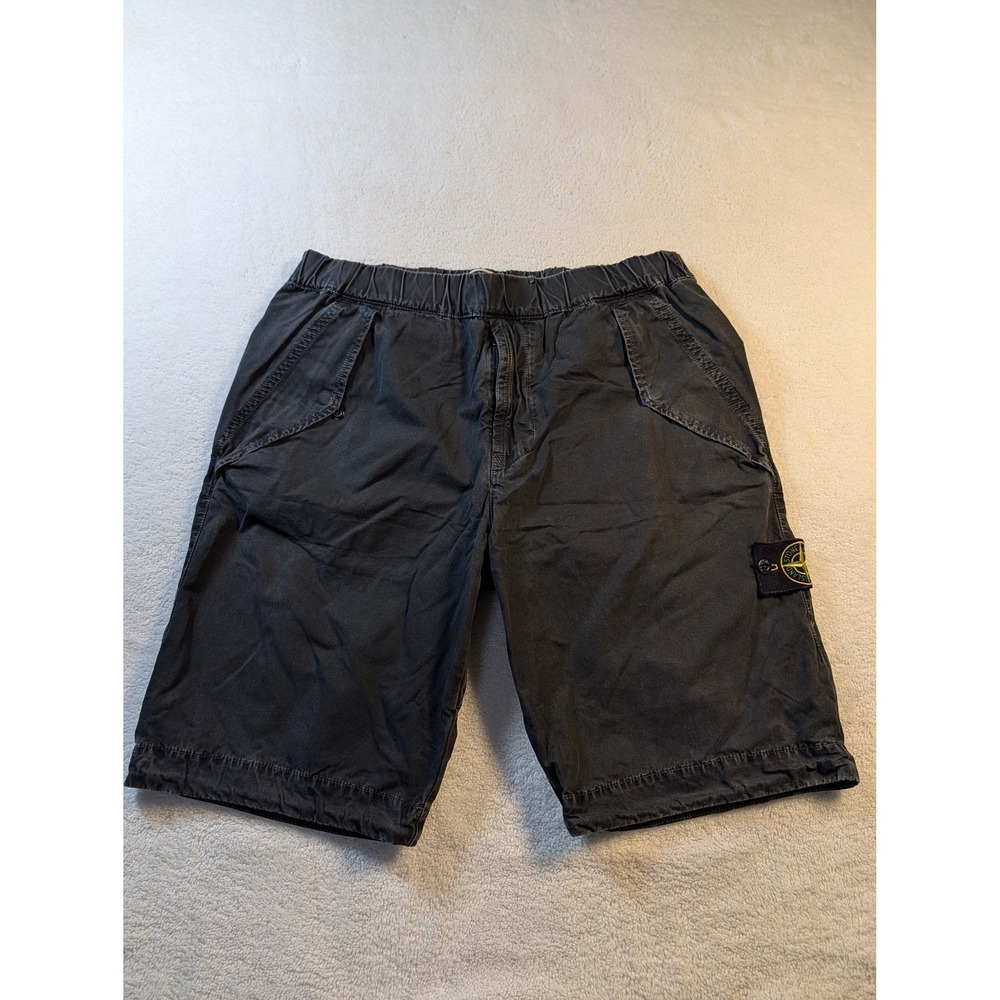 Stone Island Mens Cargo Shorts Faded Wash Black W32 Elastic Waist Compass Badge